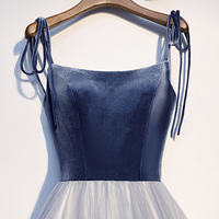 Blue velvet tulle long prom dress blue evening dress - Thumbnail 1