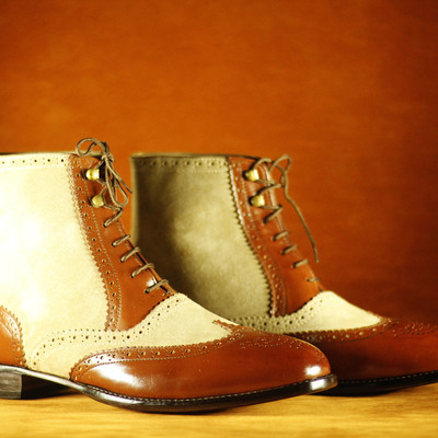 New men's handmade beige brown ankle high suede leather lace up oxford boot - Thumbnail 1