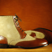 New Men's Handmade Beige Brown Ankle High Suede Leather Lace Up Oxford Boot - Thumbnail 1