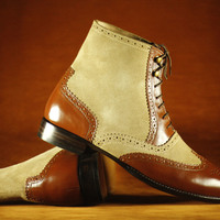 New Men's Handmade Beige Brown Ankle High Suede Leather Lace Up Oxford Boot - Thumbnail 4