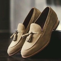 New Handmade Pure Beige Suede Leather Stylish Loafer Shoes for Men's - Thumbnail 1