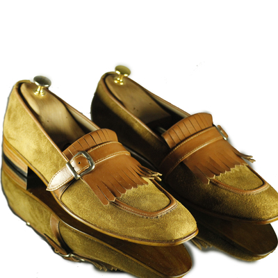 Bespoke men's brown fringe monk straps shoes, men's handmade suede oxford shoes - Thumbnail 3