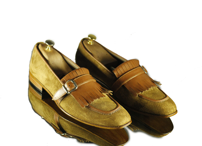 Bespoke Men's Brown Fringe Monk Straps Shoes, Men's Handmade Suede Oxford Shoes