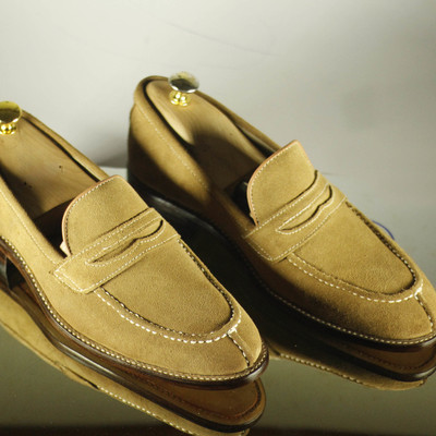 Bespoke men's beige split toe shoes, men's handmade penny loafers suede oxford shoes - Thumbnail 2
