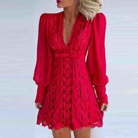 Lace Women's V-neck Long Sleeve Dress - Thumbnail 2