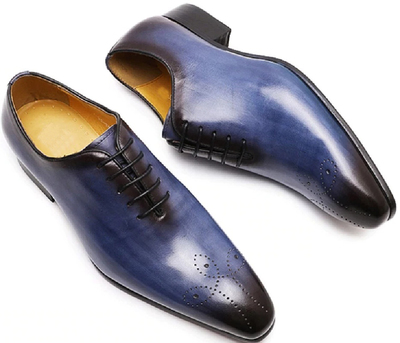 Oxford Blue Brogue Toe Patina Handmade Leather Wholecut Men Lace Up Formal Shoes