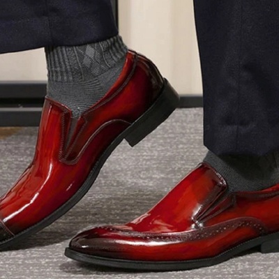 Men slip on burgundy patent elastic gores handmade leather moccasin formal shoes