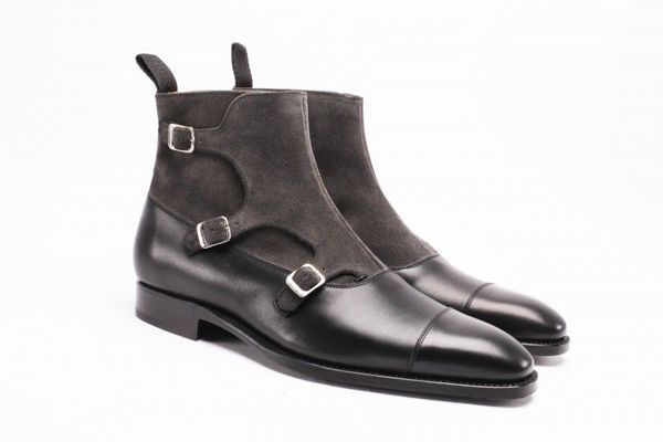 Handmade Men two tone leather Suede boot, Men triple monk boot, Mens formal boot