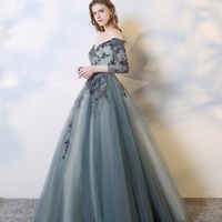 Blue lace long A line prom dress evening dress - Thumbnail 2