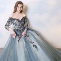 Blue lace long A line prom dress evening dress - Thumbnail 4