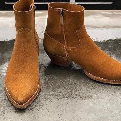 New handmade tan suede leather stylish zipper ankle boots for men's - Thumbnail 1
