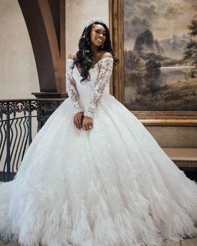 Ball Gown Off the Shoulder Long Sleeve Wedding Dress,Lace Bridal Gown