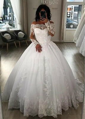 Princess Ball Gown Off the Shoulder Lace Wedding Dresses,Long Sleeves Bride Gowns