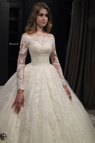 Exquisite Ball Gown Off the Shoulder Bride Dresses,Long Sleeves Wedding Dresses,Lace Bride Gown