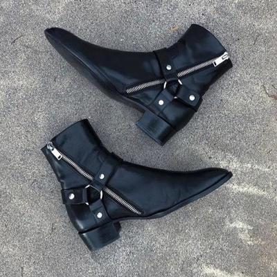 New handmade black leather stylish motorcycle zip fastening boots for men's