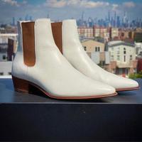 New Handmade White Leather Stylish Chelsea Boots for Men's - Thumbnail 1