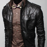 MEN BLACK SLIM FIT LEATHER JACKET WITH RIB COLLAR, MENS SLIM FIT JACKET - Thumbnail 1