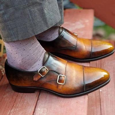 Pure handmade leather tan & brown shaded monk strap shoes for men's