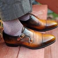 Pure Handmade Leather Tan & Brown Shaded Monk Strap Shoes for Men's - Thumbnail 1