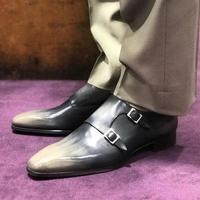 Pure Handmade Leather Gray Black Shaded Monk Strap Shoes for Men's - Thumbnail 1