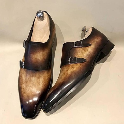 Pure handmade leather dark brown shaded monk strap shoes for men's
