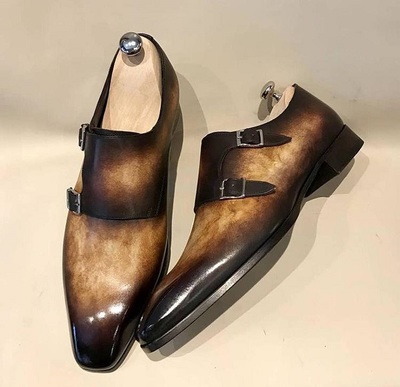 Pure Handmade Leather Dark Brown Shaded Monk Strap Shoes for Men's