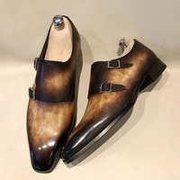Pure Handmade Leather Dark Brown Shaded Monk Strap Shoes for Men's - Thumbnail 1