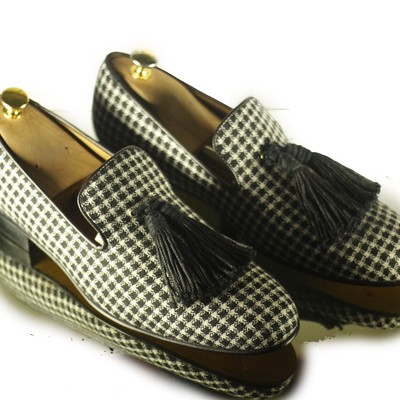 Handmade men white & black tweed fashion leather loafers dress shoes casual flats slippers - Thumbnail 1