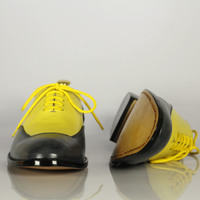 Handmade Men's Fashion Shoes, Men's Yellow and Gray Color Leather lace Up Fashion Shoes. - Thumbnail 3
