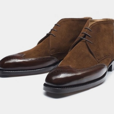  handmade men's leather suede brown wing tip brogue ankle high chukka boots
