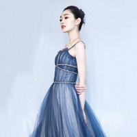 Blue tulle long prom dress shiny evening dress - Thumbnail 2