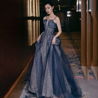 Blue tulle long prom dress shiny evening dress - Thumbnail 3