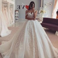 Gorgeous Ball Gown Off the Shoulder White Wedding Dresses with Appliques - Thumbnail 1
