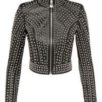 Women Black Studded Leather Silver Dome Studs Rock Steam Punk Style - Thumbnail 1