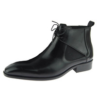 Black Lace Up Chelsea Elastic Panel Premium Leather Handmade Formal Ankel Boots - Thumbnail 2