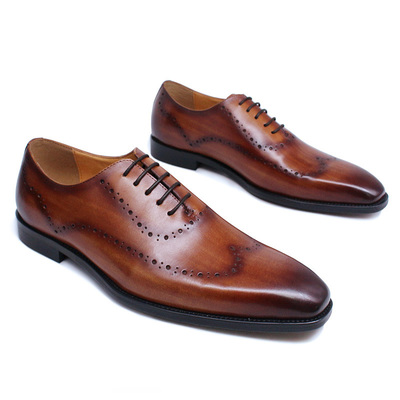 Wooden brown patina lace up handmade oxford real leather wingtip formal shoes
