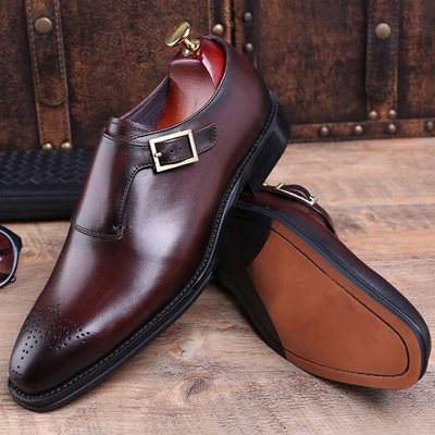 Customize handmade brown brogue patina real leather men monk strap formal shoes