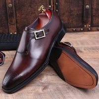 Customize Handmade Brown Brogue Patina Real Leather Men Monk Strap Formal Shoes - Thumbnail 4