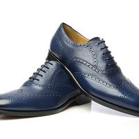 Handmade Navy Brogue Wing Toe Dress Shoes, Men Leather Navy Outfit Shoes - Thumbnail 1