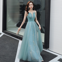 Blue tulle long A line prom dress blue evening dress - Thumbnail 1