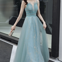 Blue tulle long A line prom dress blue evening dress - Thumbnail 3