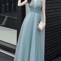 Blue tulle long A line prom dress blue evening dress - Thumbnail 4