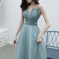 Blue tulle long A line prom dress blue evening dress - Thumbnail 5
