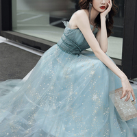 Blue tulle long A line prom dress blue evening dress - Thumbnail 6