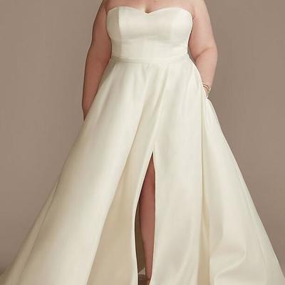 A-line strapless sweetheart ivory satin plus size wedding dresses with split pockets - Thumbnail 5