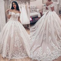 Ball Gown off the Shoulder Tulle Lace Wedding Dresses with Train - Thumbnail 1