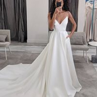 Elegant & Fashion Ball Gown V Neck Straps White Satin Wedding Dresses with pockets - Thumbnail 1