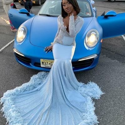 Sexy african long sleeve mermaid prom dress feathers formal evening dresses party gowns,836