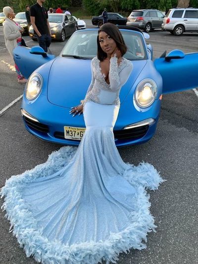 Sexy African Long Sleeve Mermaid Prom Dress Feathers Formal Evening Dresses Party Gowns,836