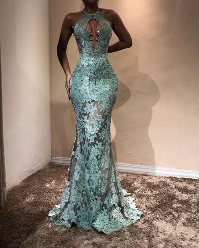 Customize 2021 new halter sexy full-length prom dress, mermaid evening dress,elegant sheath sexy Party Dress with lace Formal dress,839